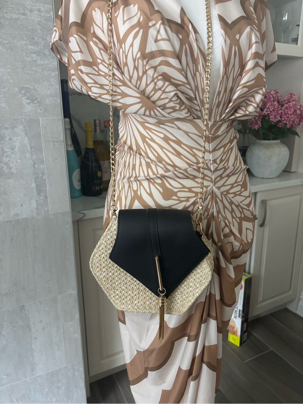 Straw & Black Leather Hexagon Crossbody Bag with Gold Chain